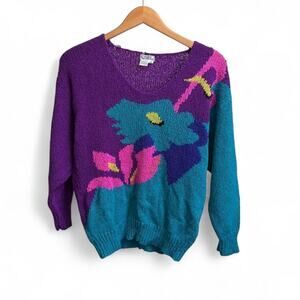 Vintage 80s Campus Casuals Floral Acrylic V Neck Cute Retro Womens M Sweater